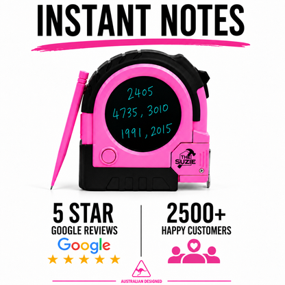 The Suzie pink LCD tape measure with measurements written on the instant notes screen and stylus, rated 5 stars on Google by 2500+ customers. Australian designed.
