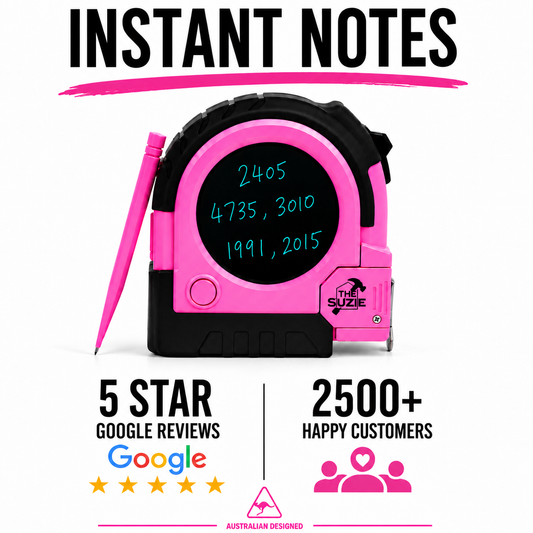 The Suzie pink LCD tape measure with measurements written on the instant notes screen and stylus, rated 5 stars on Google by 2500+ customers. Australian designed.