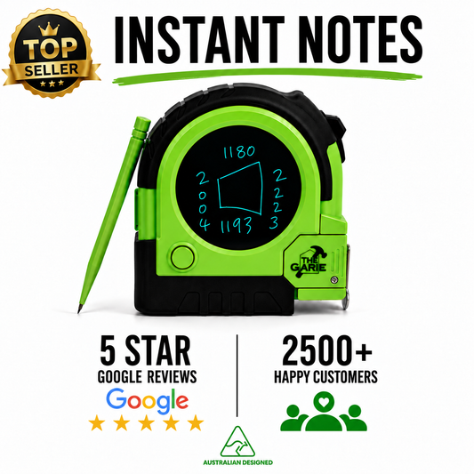 The Garie green LCD tape measure with measurements written on the instant notes screen and stylus, rated 5 stars on Google by 2500+ customers. Australian designed.