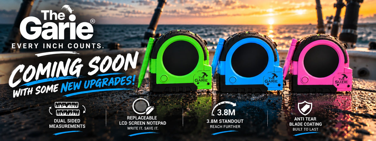 The Garie coming soon with new upgrades – green, blue and pink LCD tape measures on a boat deck at sunset, with dual-sided measurements, replaceable LCD screen notepad, 3.8m standout and anti-tear blade coating.